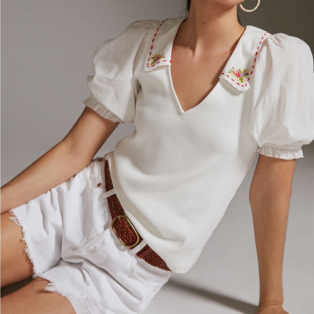 Cottagecore Anthropologie Top - Embroidered Peter Pan Collar